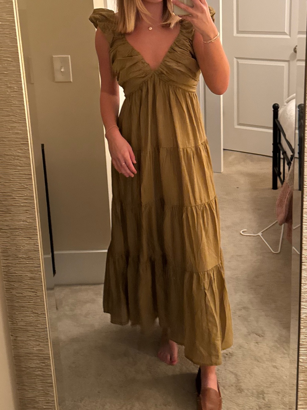 Ruffled V-Neck Tiered Maxi Dress in Olive
